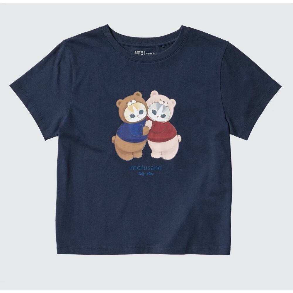 Mofusand x Uniqlo Teddy Bear Meow Short Sleeve T-shirt in Navy Blue